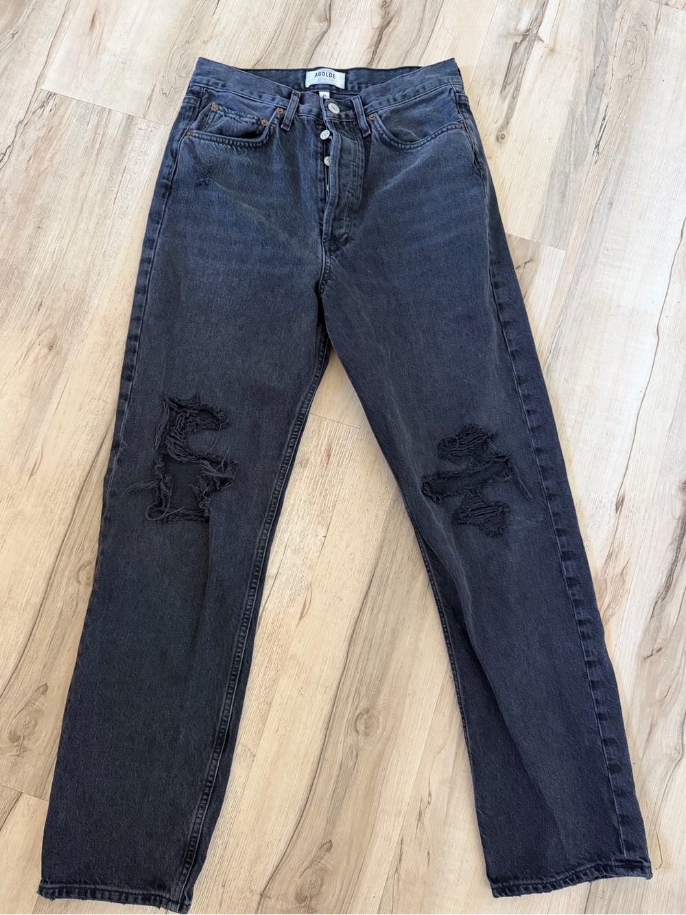 AGOLDE LA High Rise Distressed Button Fly Straight Leg Jeans Gray Size 25